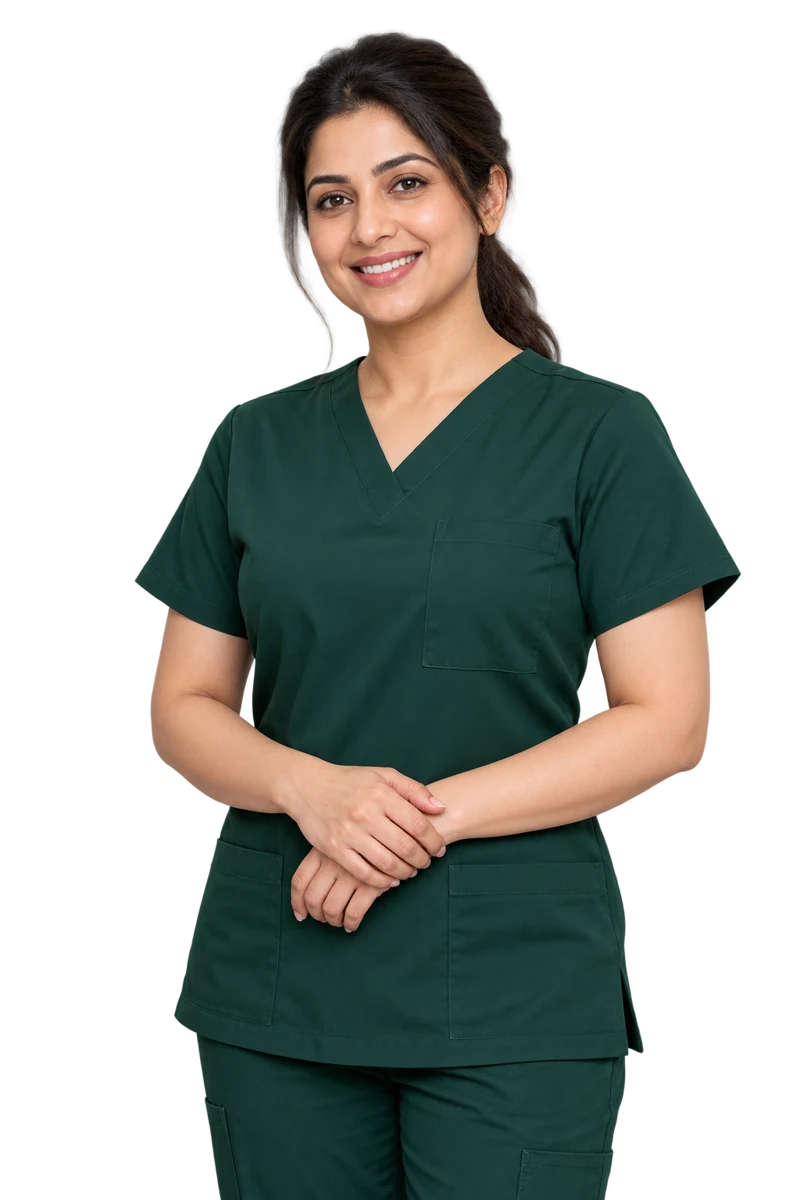 Illustrative portrait of a physiotherapist in green scrubs